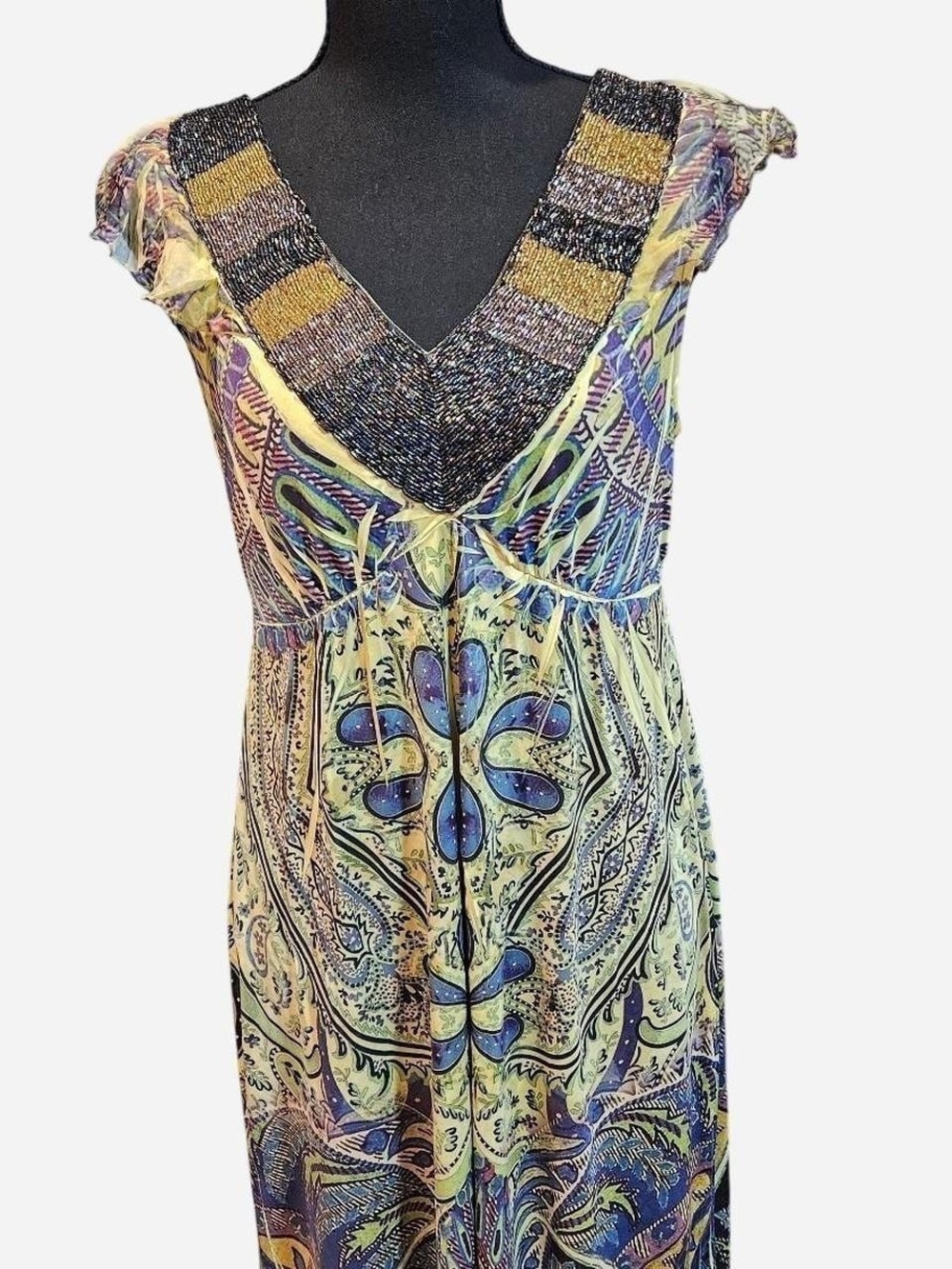 One World Beaded V-neck Yellow and Blue Patterned Whimsy Boho Midi Dress Small